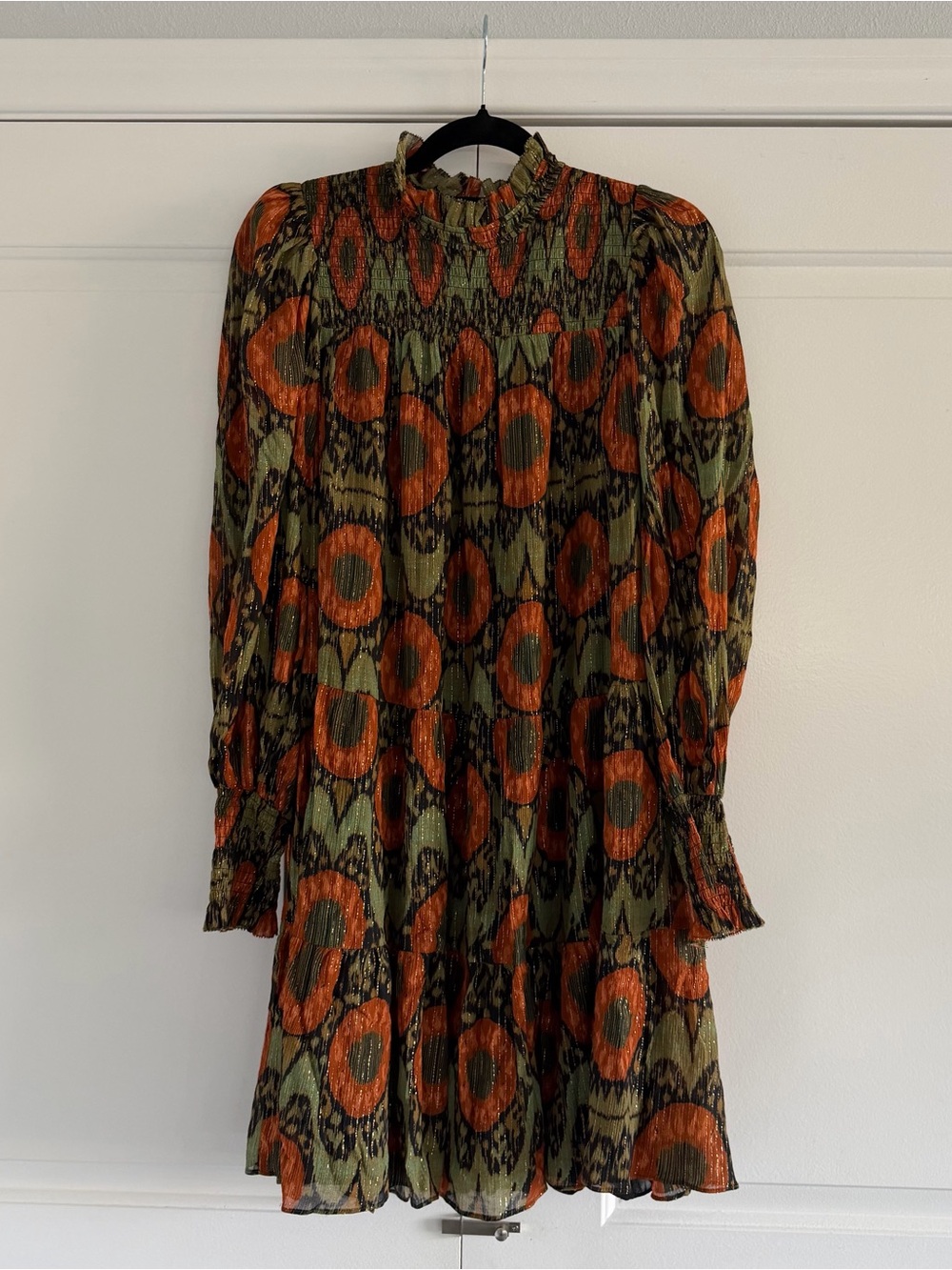 Ulla Johnson Olive and Orange Long-Sleeve Printed Mid-length Dress- Size 8